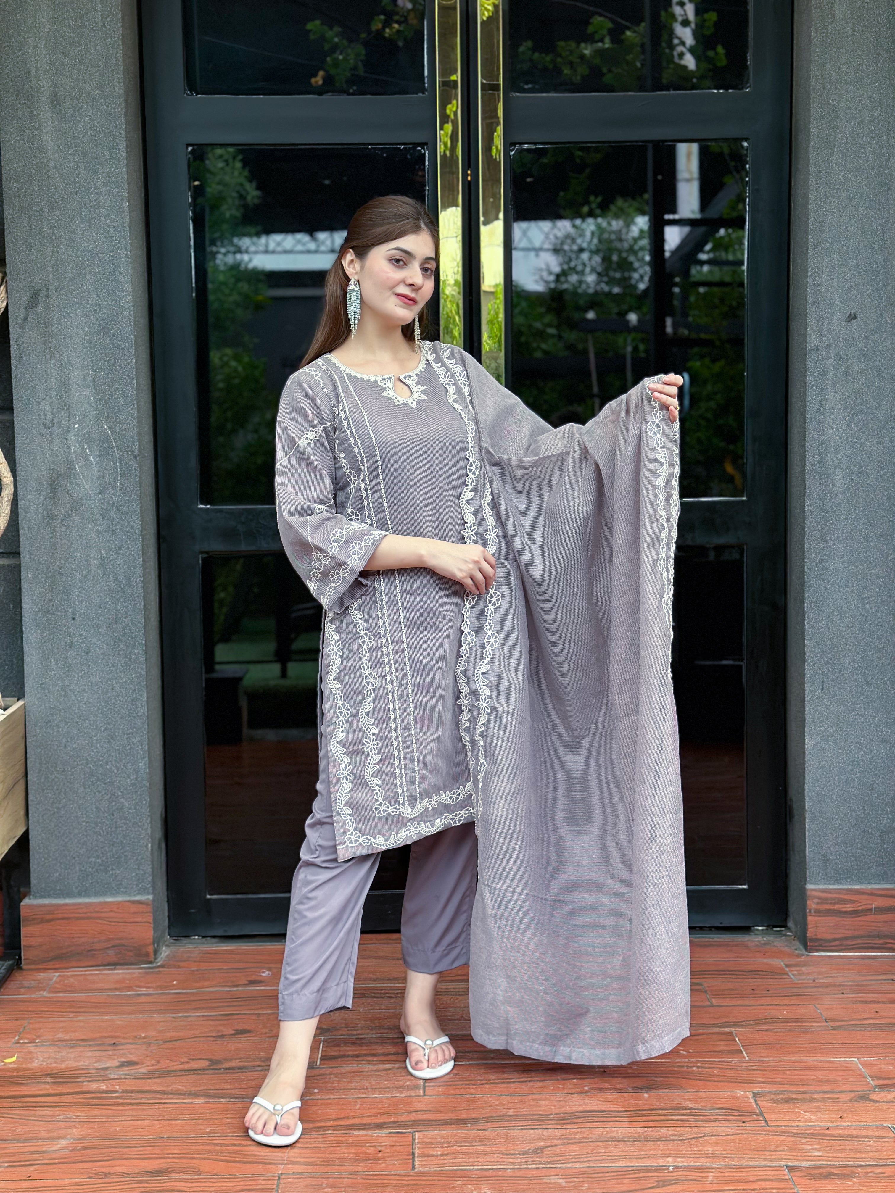 3pcs gray bahar cutwork