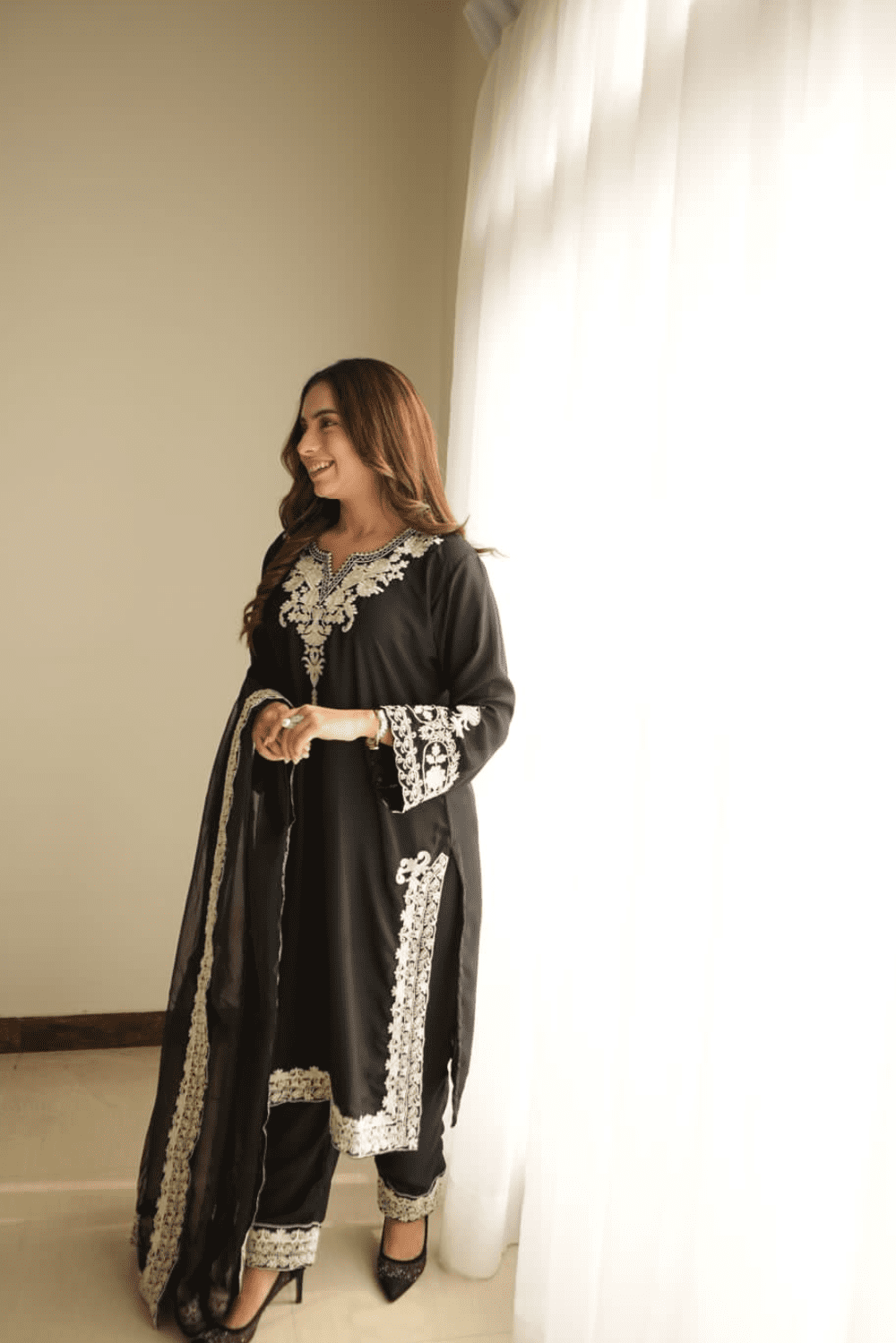 Ayesha.B 3pcs black white emb (42 lenght shirt)