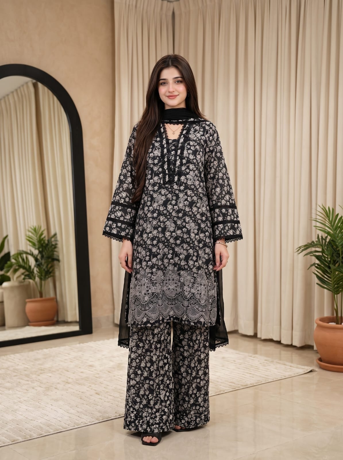 Ayesha.B 3pcs pure lawn (Black butti)