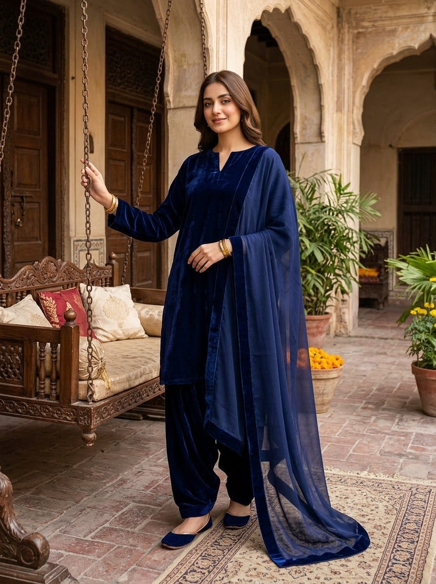 Ayesha.B Small / Blue 3pcs Pure velvet (noor)
