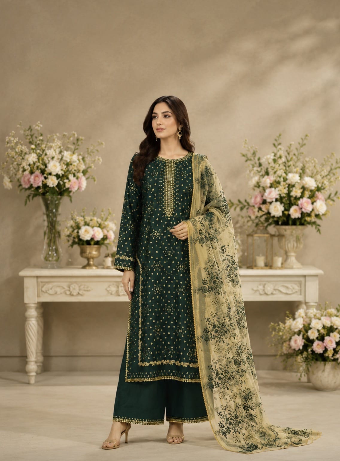 Ayesha.B Small / Bottle green 3pcs 43 lenght Shirt (habiba)