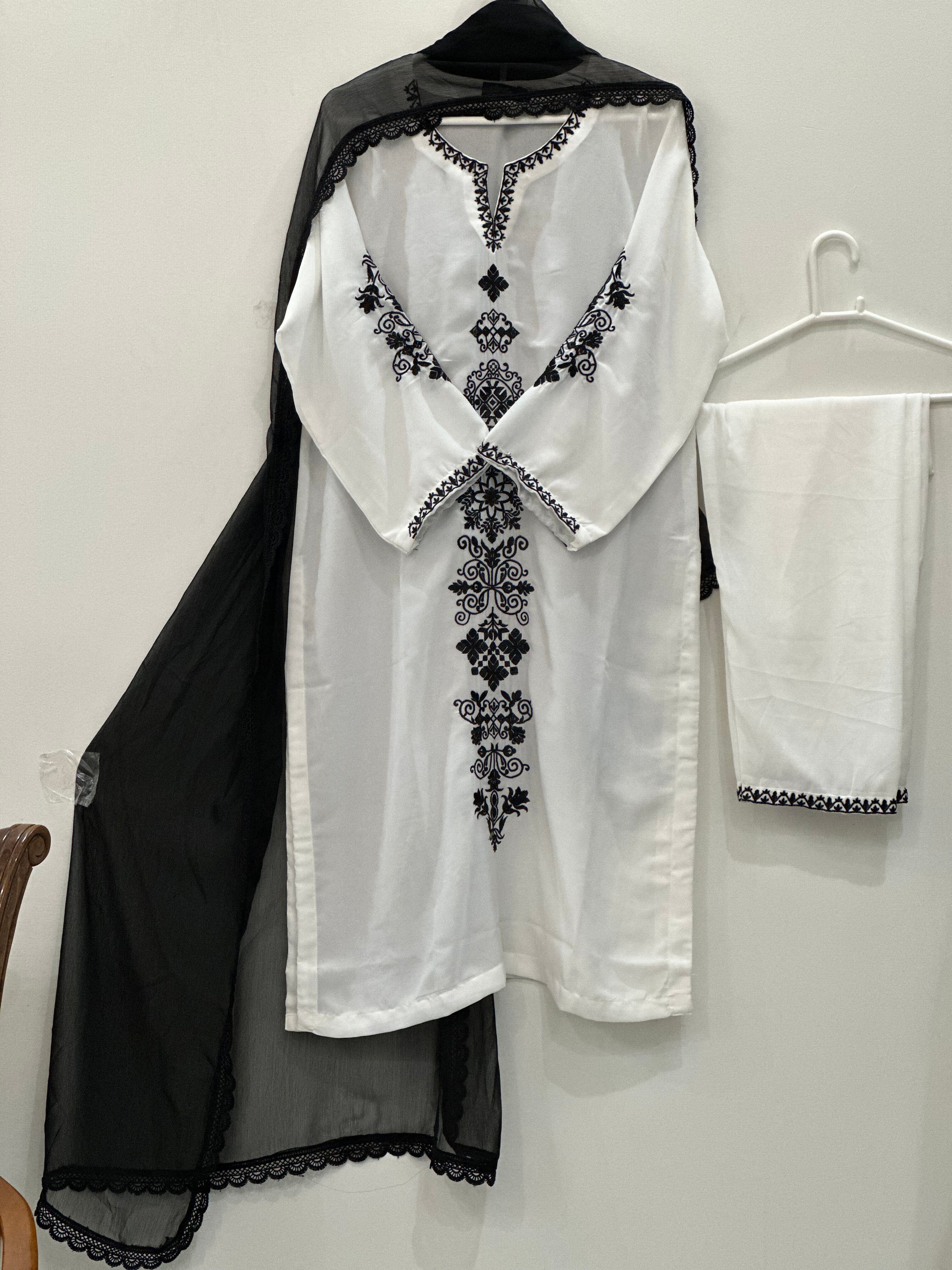 Ayesha.B Small / White 3pcs Georgette skin fabric black emb
